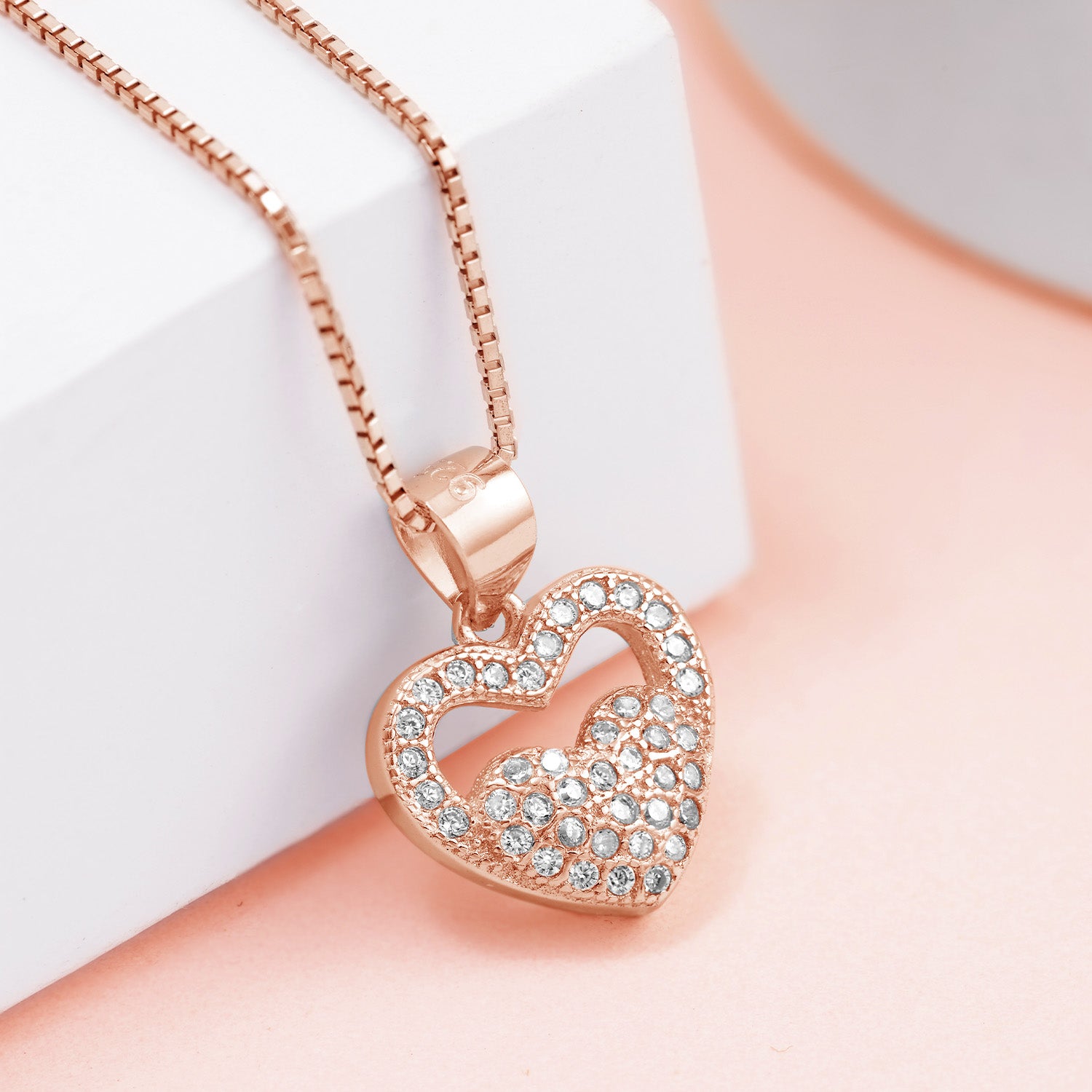 Heart in Heart Rose Gold Plated 925 Silver Necklace Chain