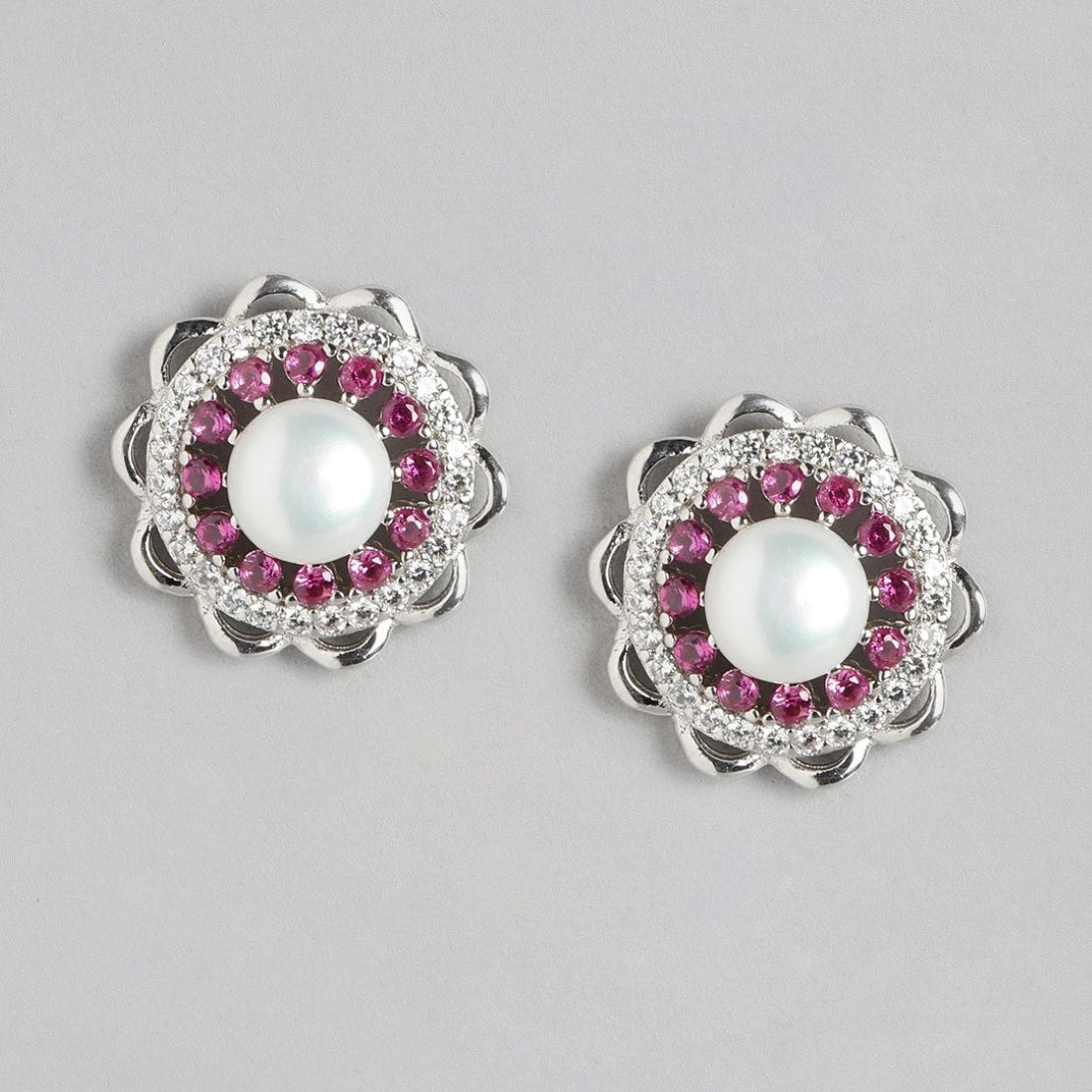 Blooming Pearl Harmony Rhodium-Plated 925 Sterling Silver Stud Earrings