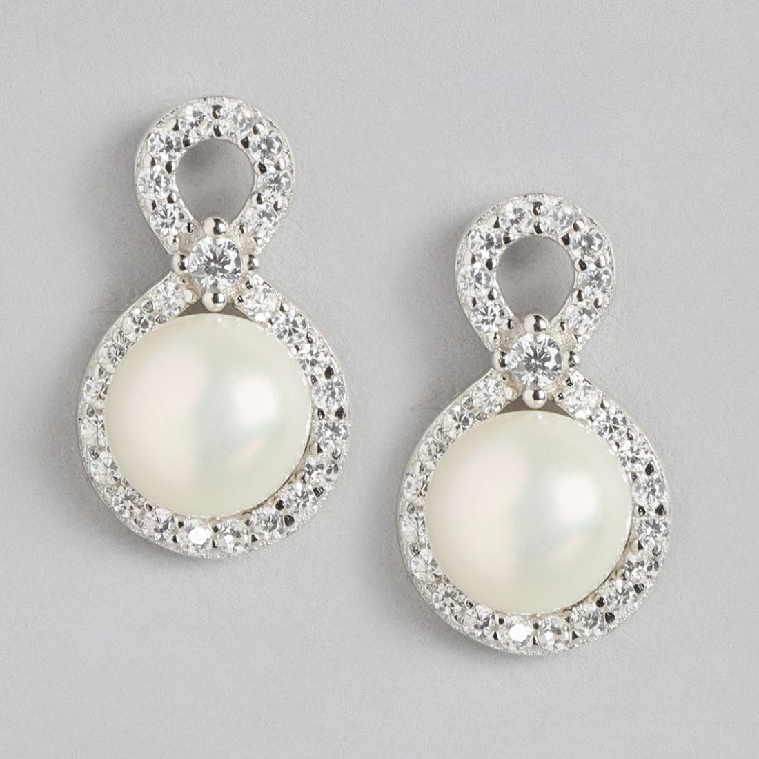 Pearl-CZ Circle Radiance Rhodium-Plated 925 Sterling Silver Earrings