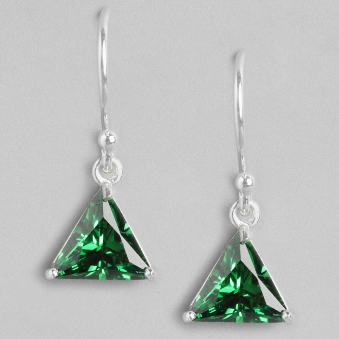 Emerald Essence Rhodium-Plated Green CZ Sterling Silver Triangle Earrings