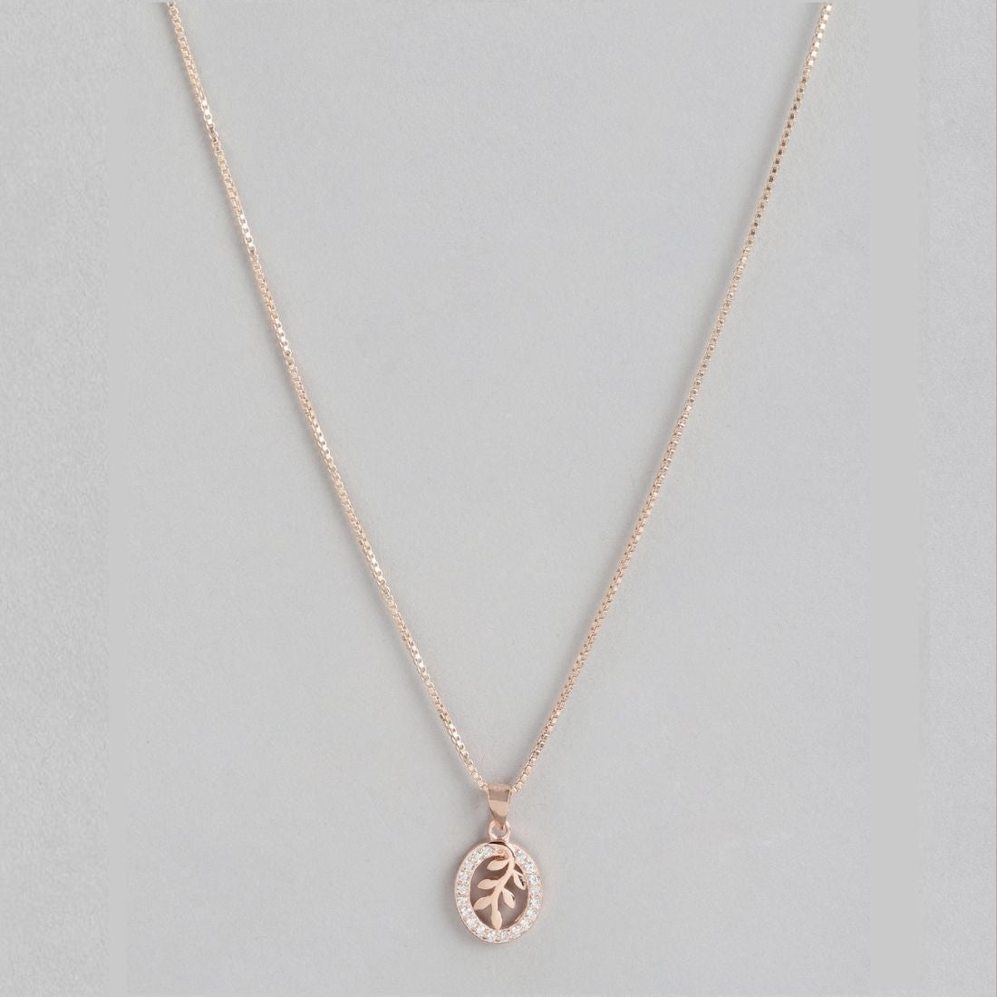 Blossoming Elegance Rose Gold-Plated Oval and Leaf 925 Sterling Silver Pendant