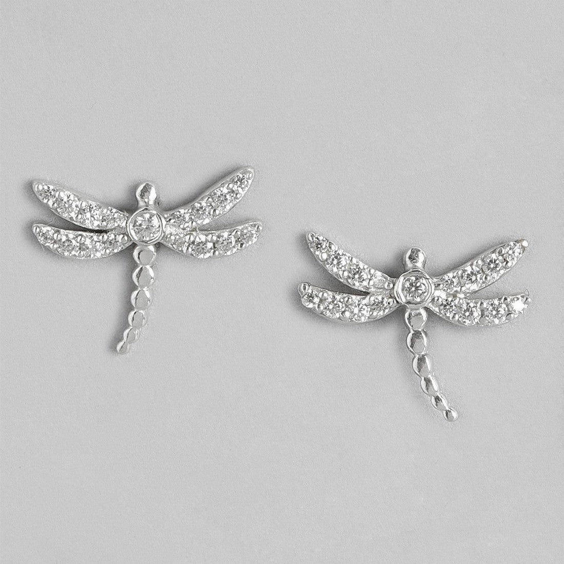 CZ Studded DragonFly Rhodium Plated 925 Sterling Silver Stud Earring