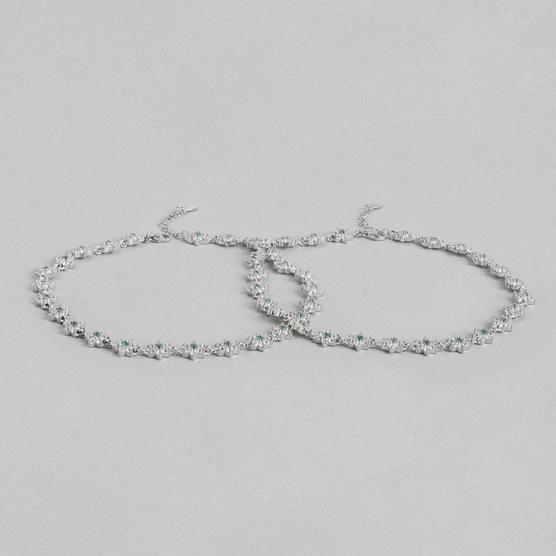 Floral Green CZ Rhodium Plated 925 Sterling Silver Anklet