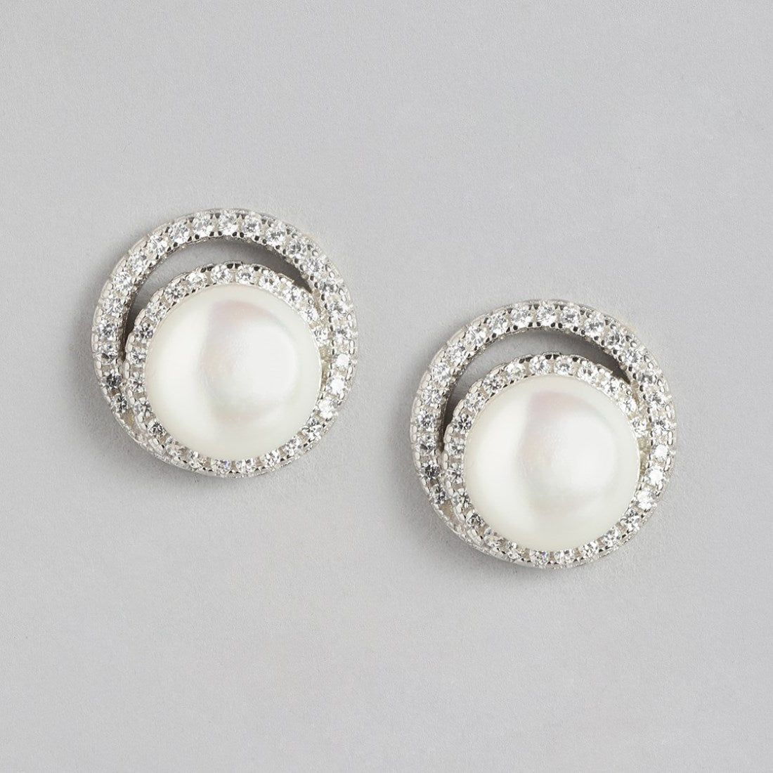 Circular Harmony Rhodium-Plated Earrings with CZ & Freshwater Pearl Accents