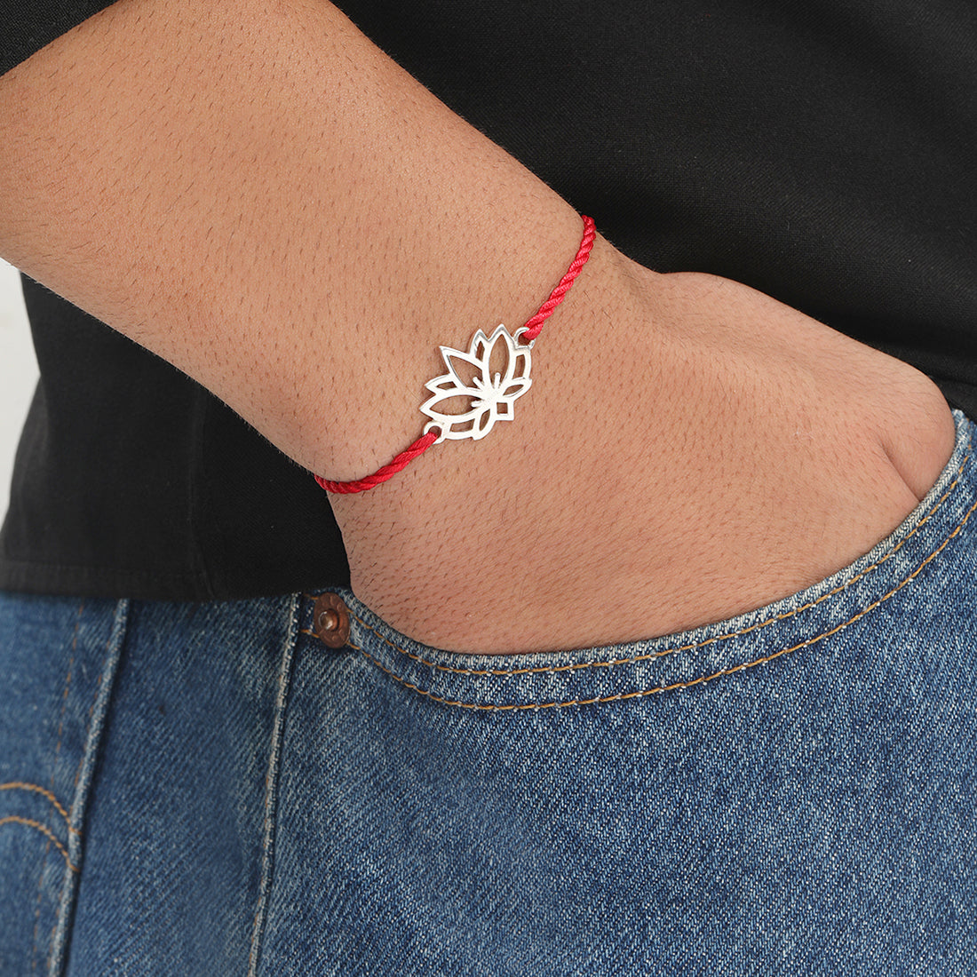 Lotus Blossom Rhodium-Plated Sterling Silver Thread Rakhi For Him