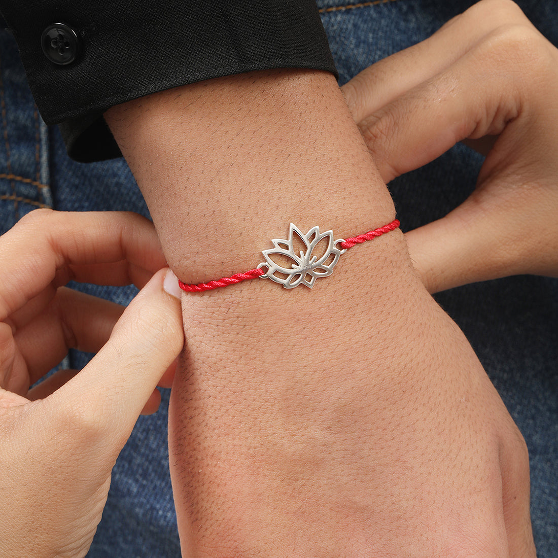 Lotus Blossom Rhodium-Plated Sterling Silver Thread Rakhi For Him