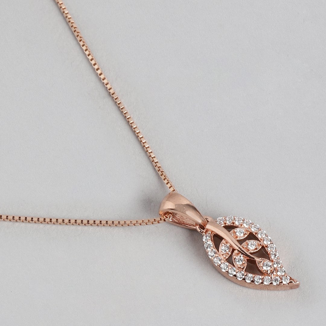 Gilded Foliage CZ Leaf Rose Gold-Plated 925 Sterling Silver Pendant with Chain