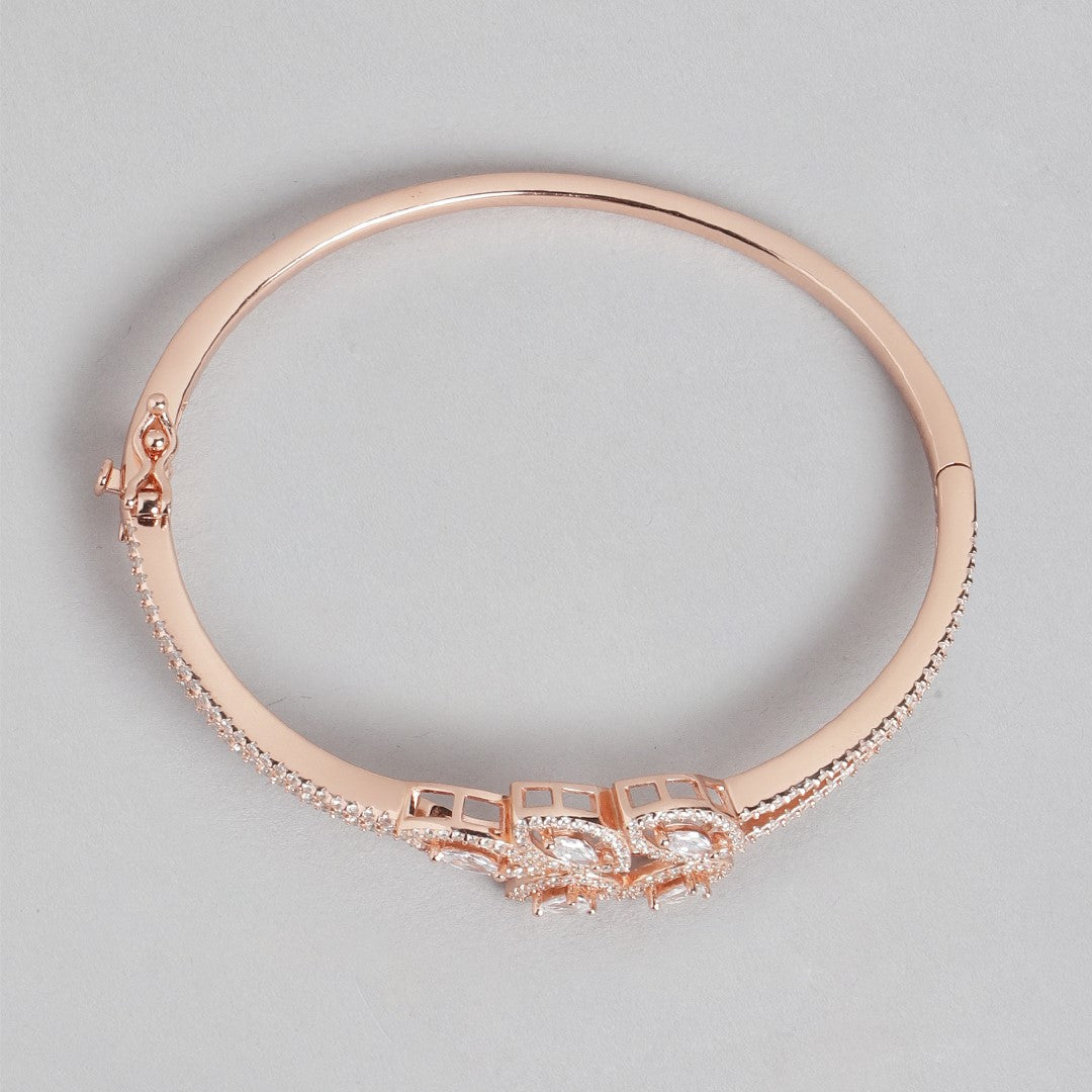 Leafy Elegance Rose Gold-Plated CZ Leaf 925 Sterling Silver Kada Bracelet