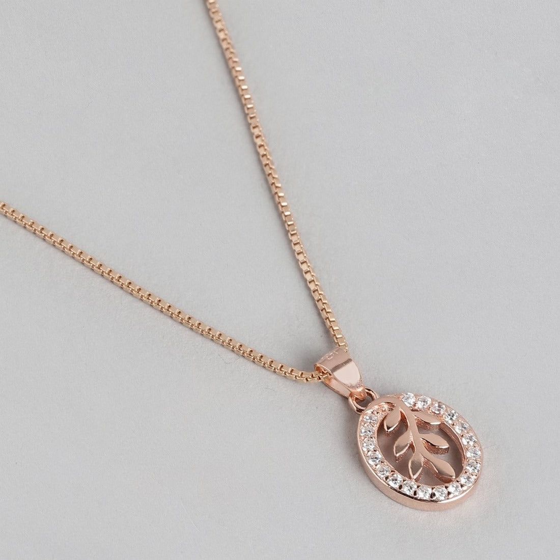 Blossoming Elegance Rose Gold-Plated Oval and Leaf 925 Sterling Silver Pendant