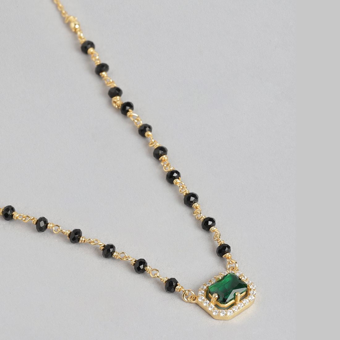 Divine Charm 925 Sterling Silver Mangalsutra with Green CZ and Beads in Gold Plating