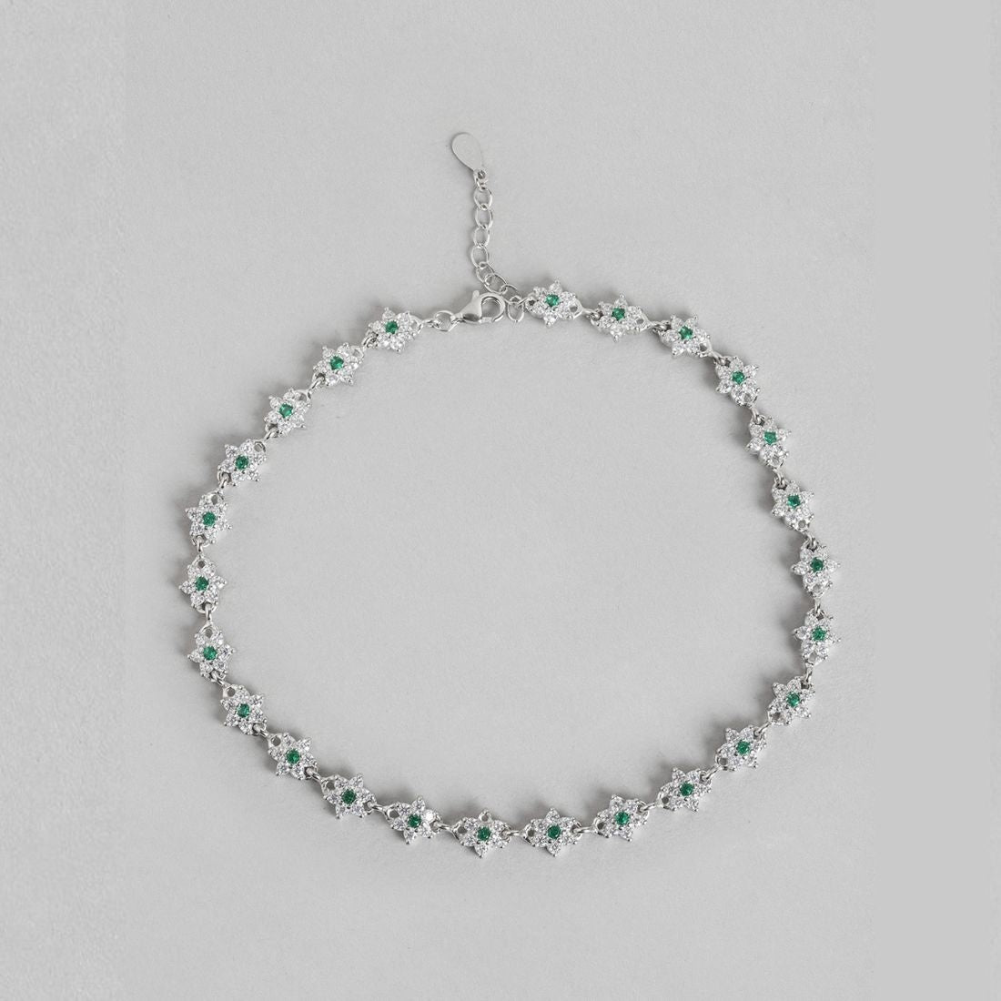 Floral Green CZ Rhodium Plated 925 Sterling Silver Anklet