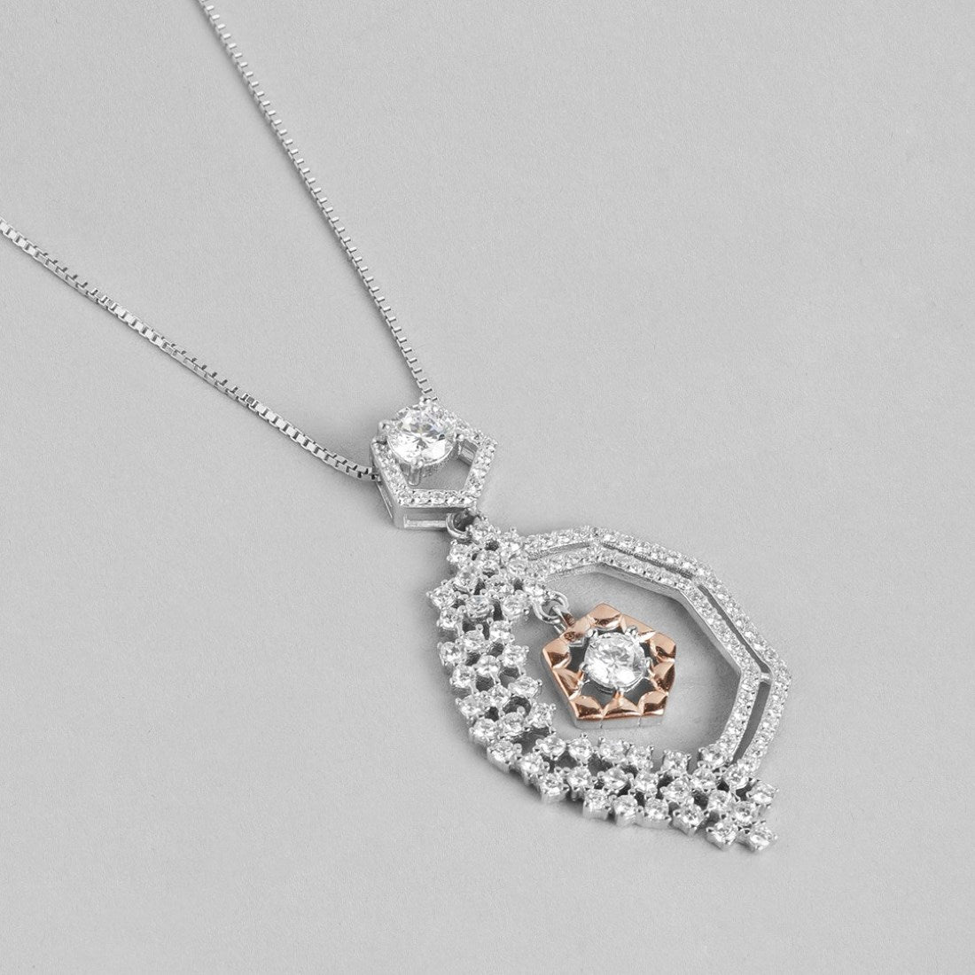 Dual Tone CZ Brilliance 925 Sterling Silver Pendant with Box Chain with Chain