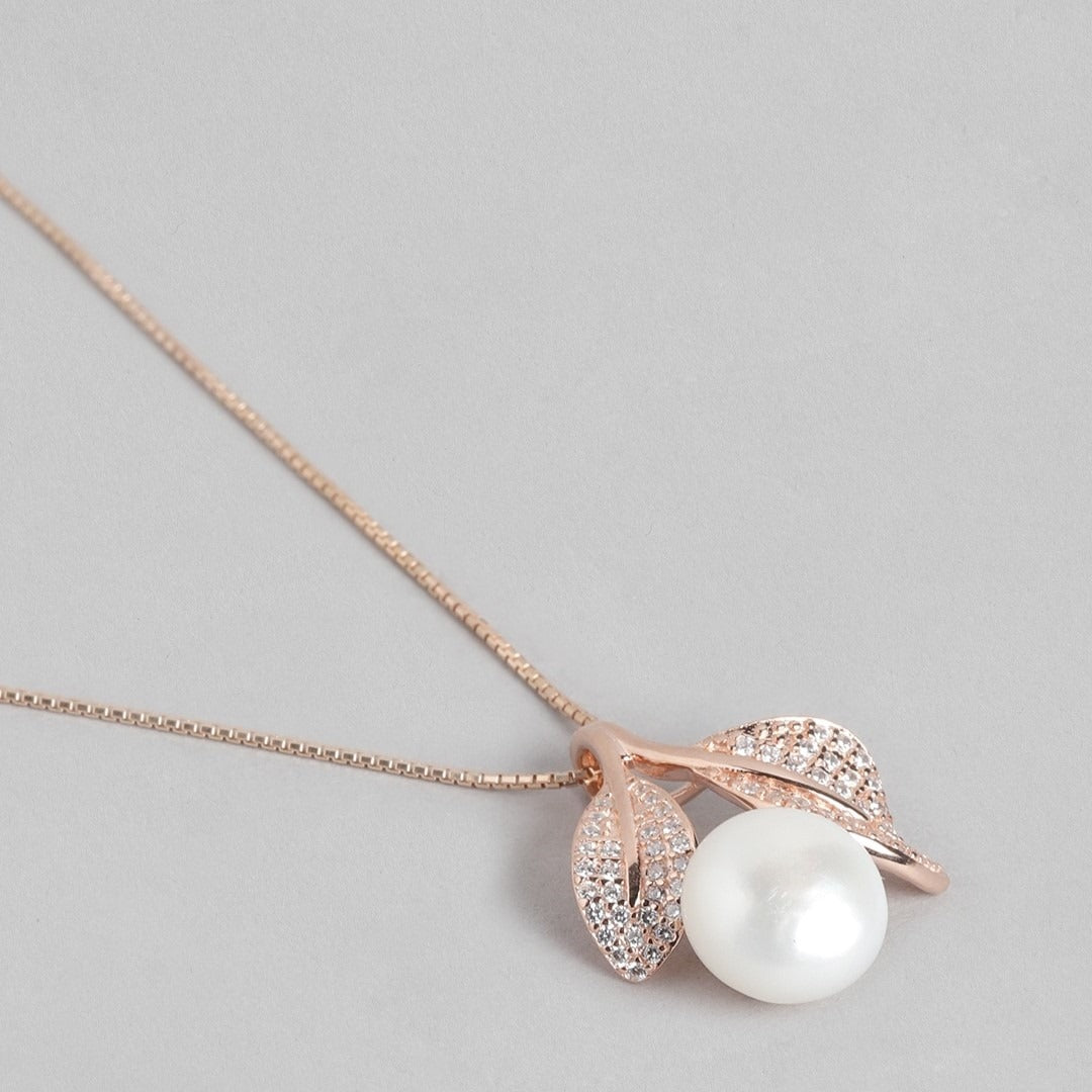 Radiant Pearl Elegance Rose Gold-Plated CZ 925 Sterling Silver Pendant with Chain