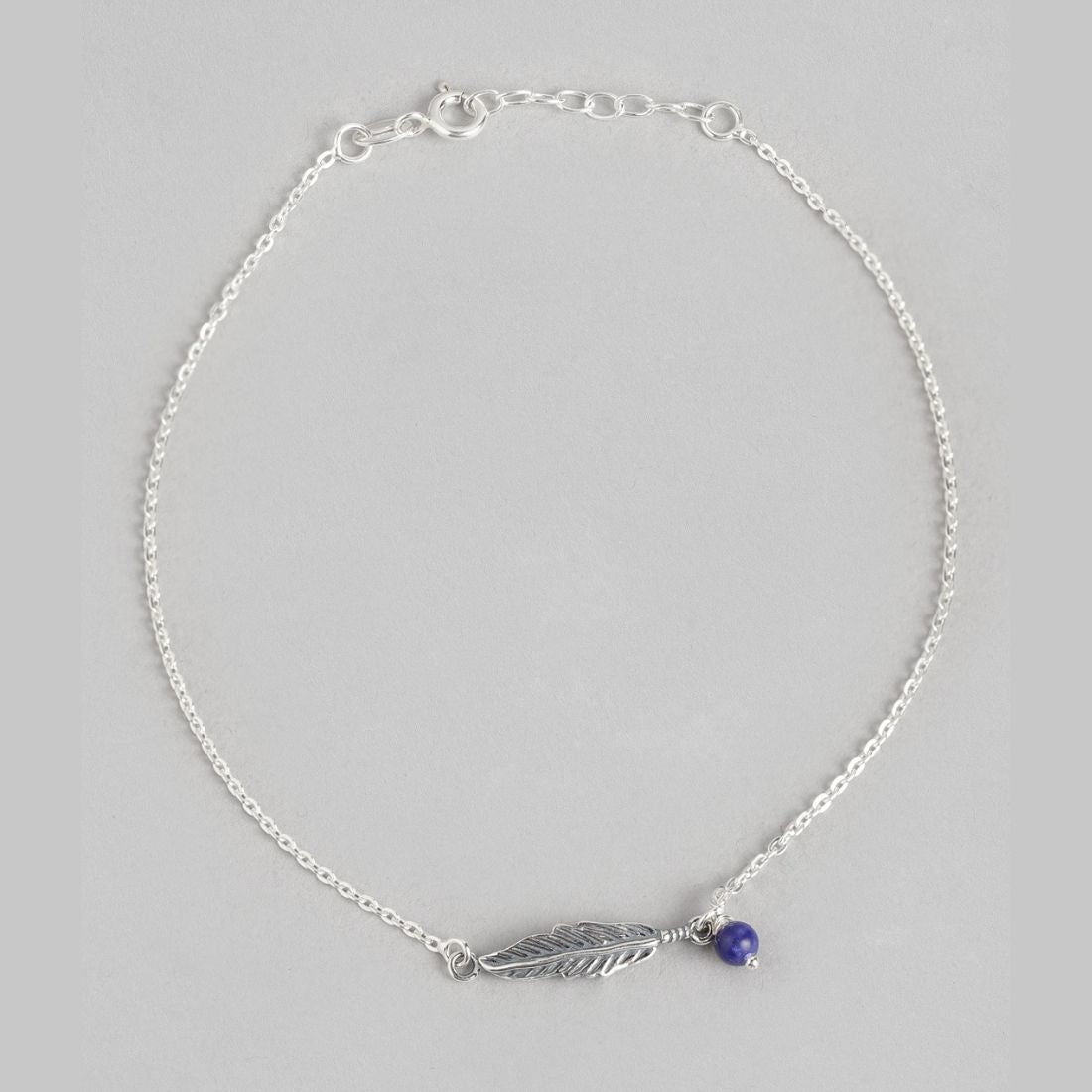 Leafy Delight-Bead Rhodium Plated 925 Sterling Silver Anklet with Leaf Pattern