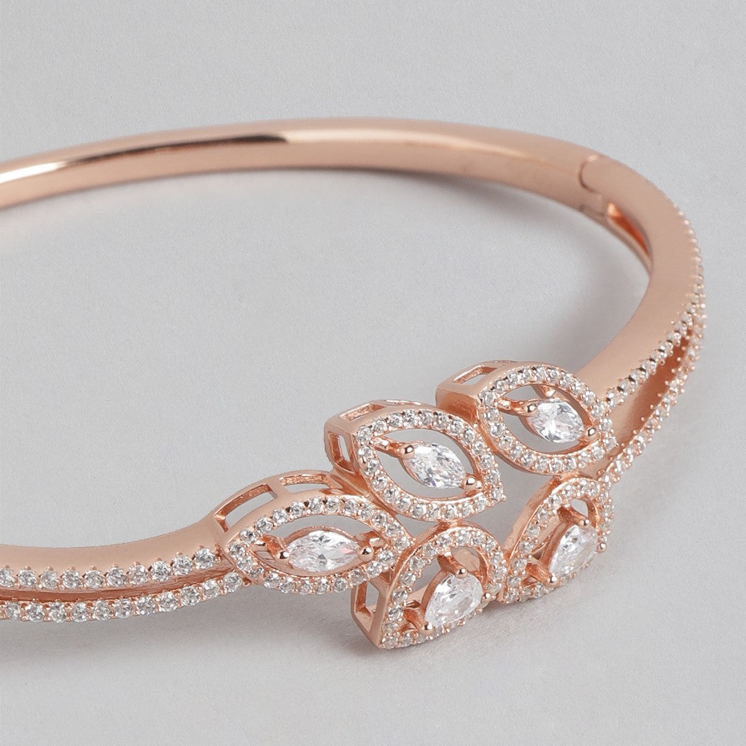 Leafy Elegance Rose Gold-Plated CZ Leaf 925 Sterling Silver Kada Bracelet