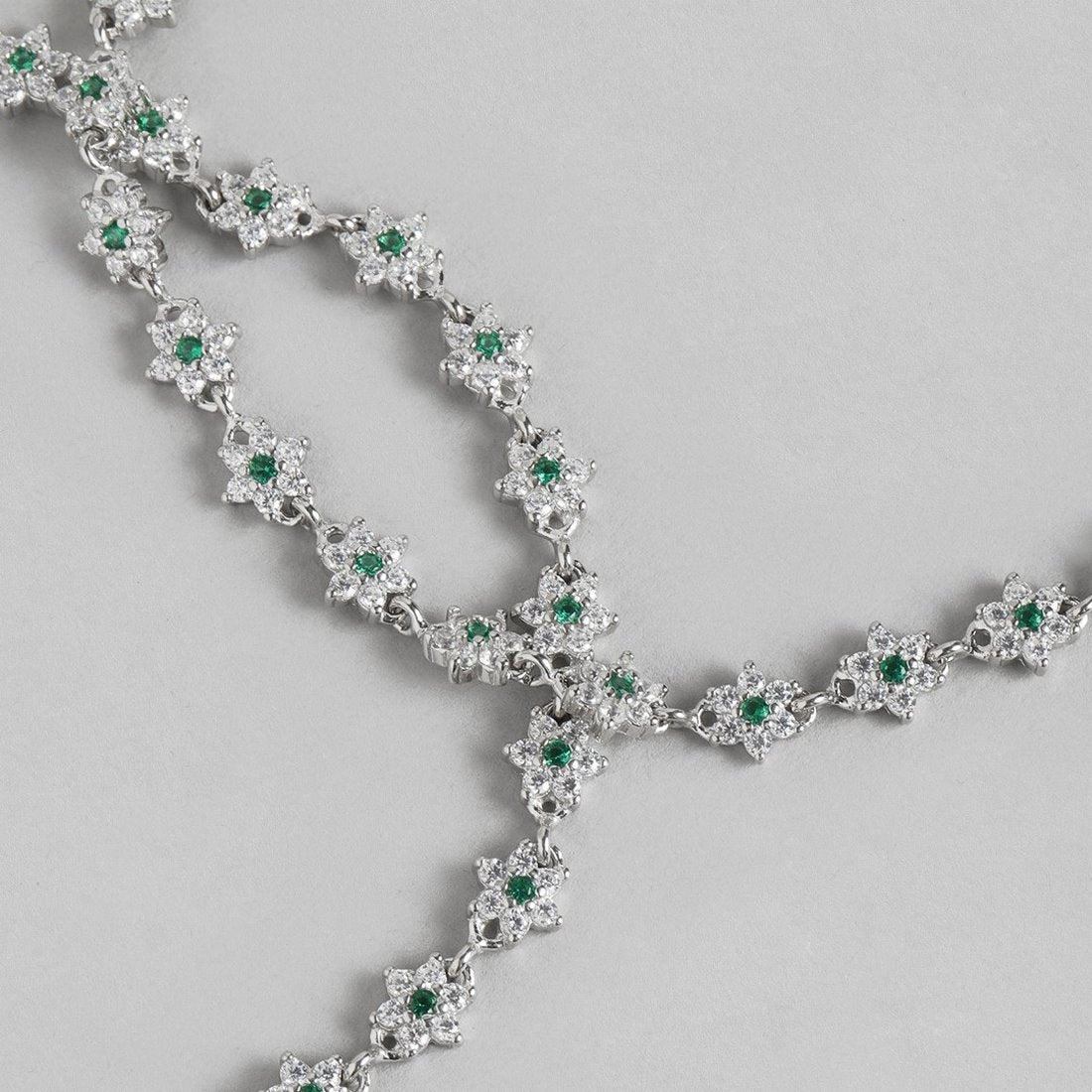 Floral Green CZ Rhodium Plated 925 Sterling Silver Anklet