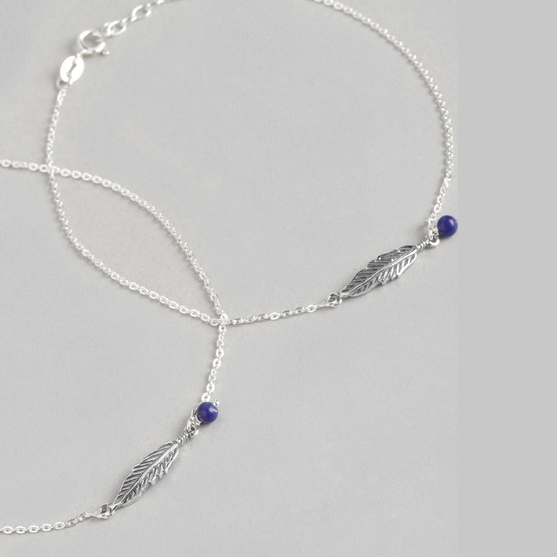 Leafy Delight-Bead Rhodium Plated 925 Sterling Silver Anklet with Leaf Pattern