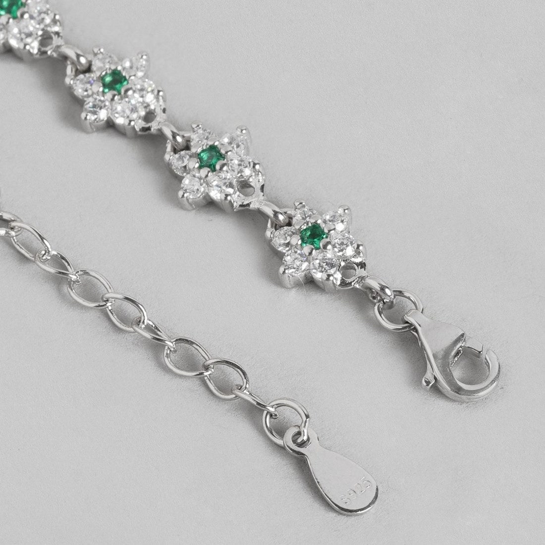 Floral Green CZ Rhodium Plated 925 Sterling Silver Anklet