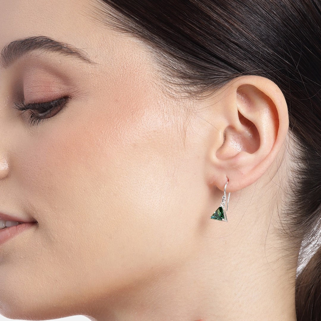 Emerald Essence Rhodium-Plated Green CZ Sterling Silver Triangle Earrings