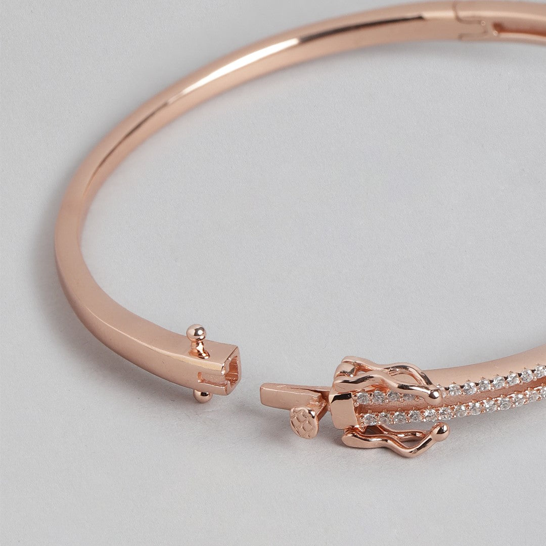 Leafy Elegance Rose Gold-Plated CZ Leaf 925 Sterling Silver Kada Bracelet