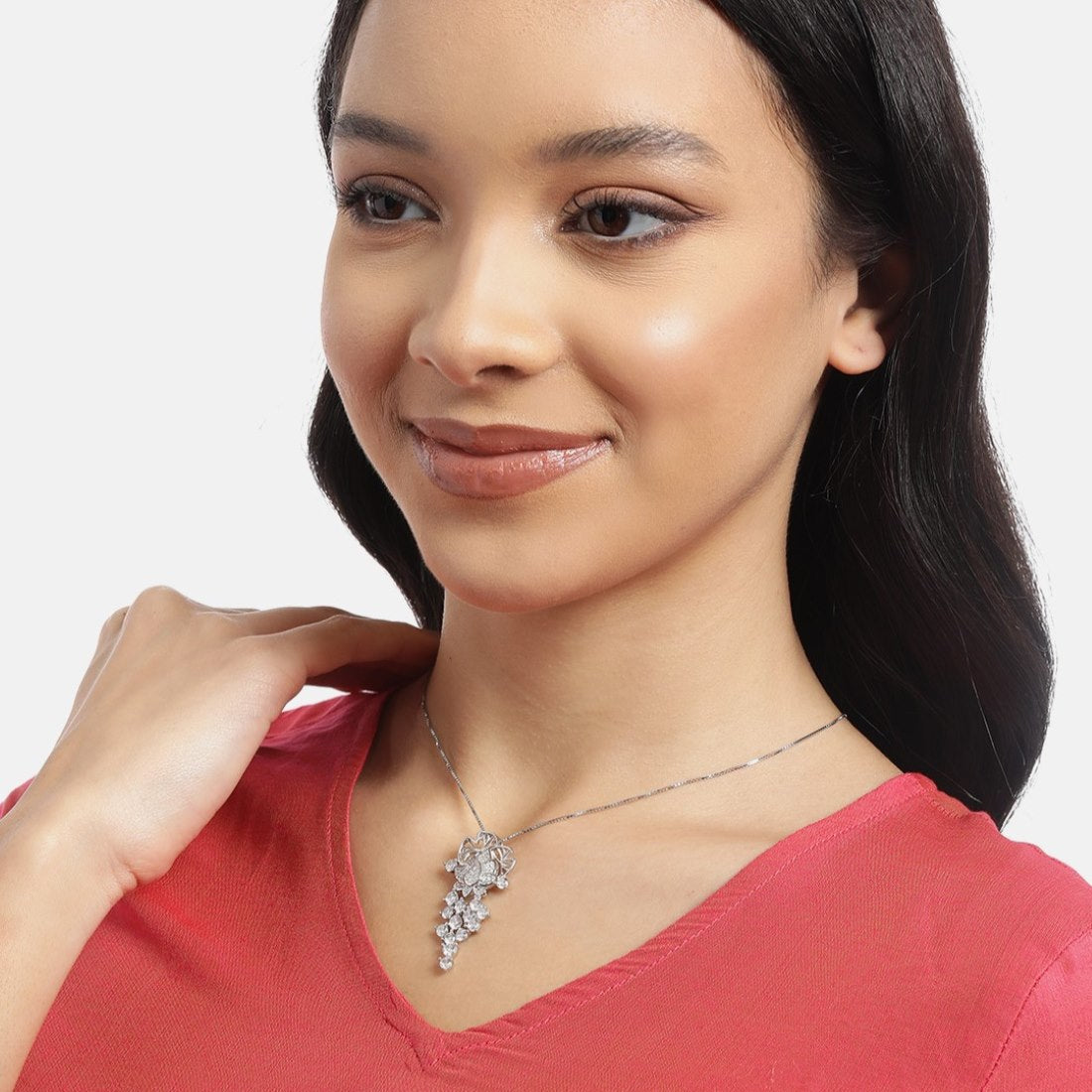Floral Radiance Elegance Rhodium-Plated 925 Sterling Silver Charm Pendant with Chain