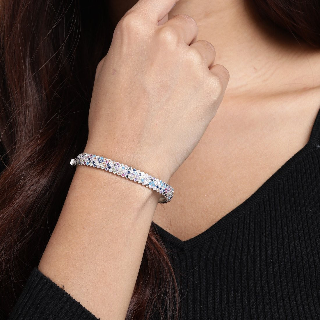 Radiant Elegance Coloured CZ Rhodium-Plated 925 Sterling Silver Kada Bracelet