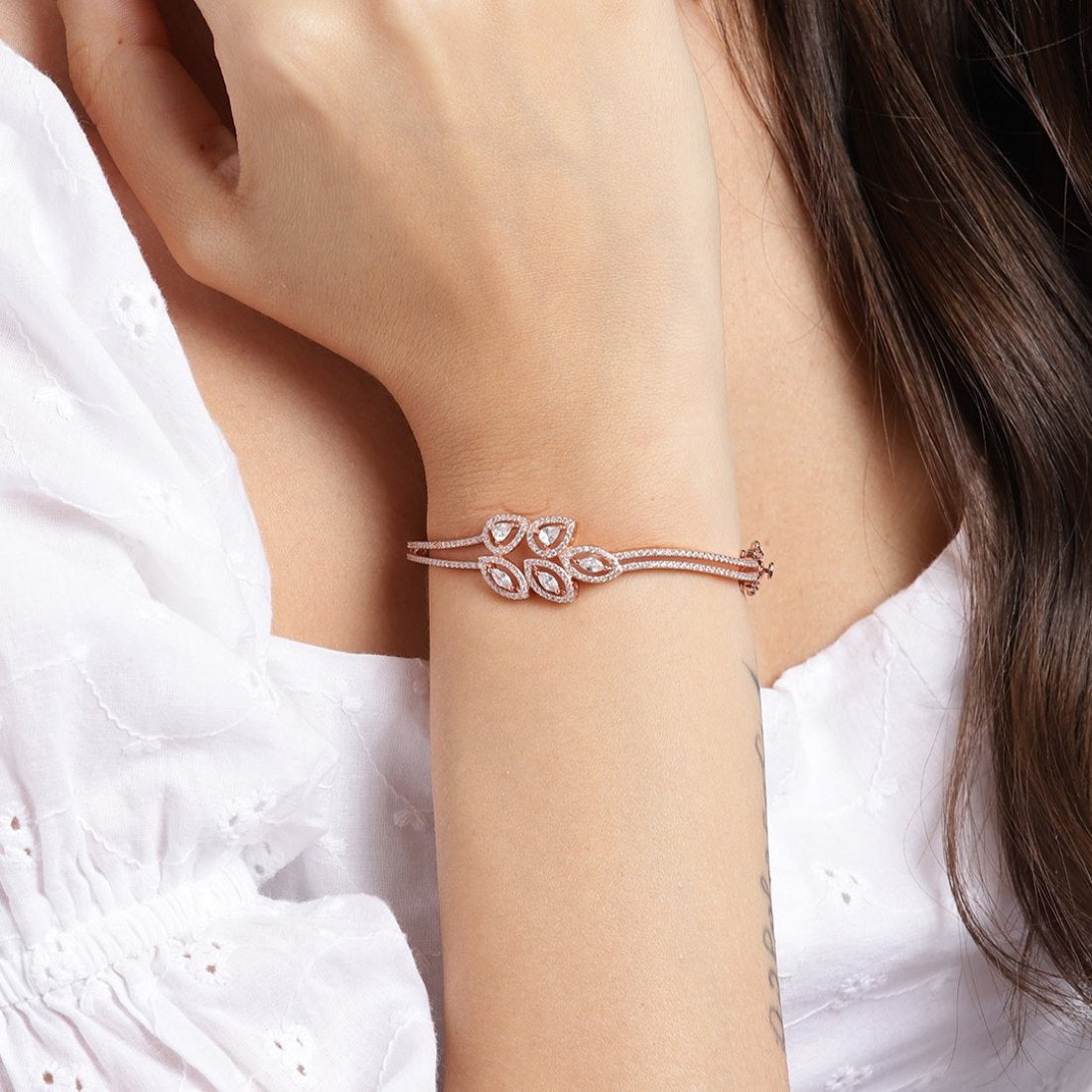 Leafy Elegance Rose Gold-Plated CZ Leaf 925 Sterling Silver Kada Bracelet