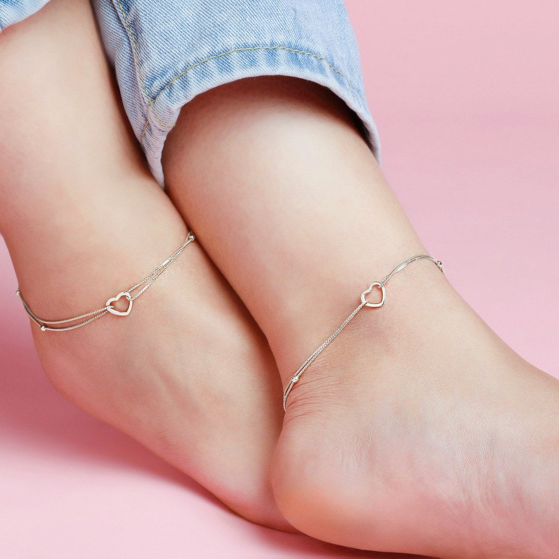 Heartfelt Elegance Rhodium-Plated 925 Sterling Silver Heart Anklet