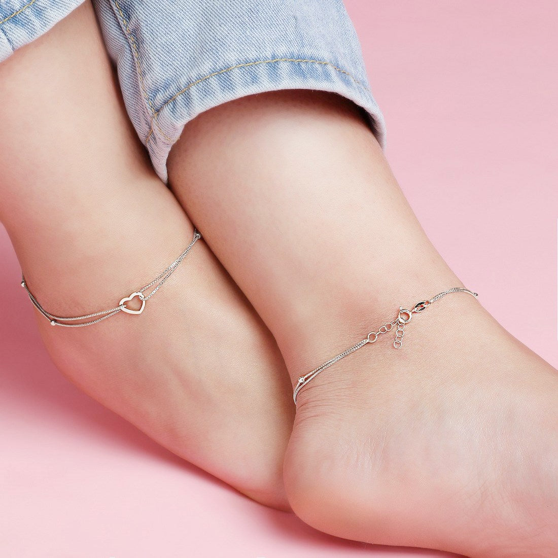 Heartfelt Elegance Rhodium-Plated 925 Sterling Silver Heart Anklet