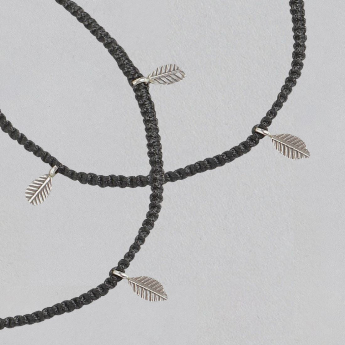 Black Thread With Leaf Charms 925 Silver Anklet