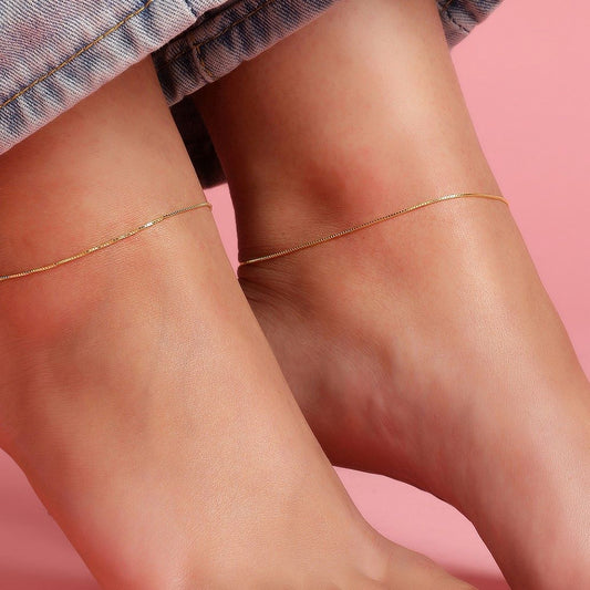 Classic Minimal Gold Box Chain 925 Sterling Silver Anklet