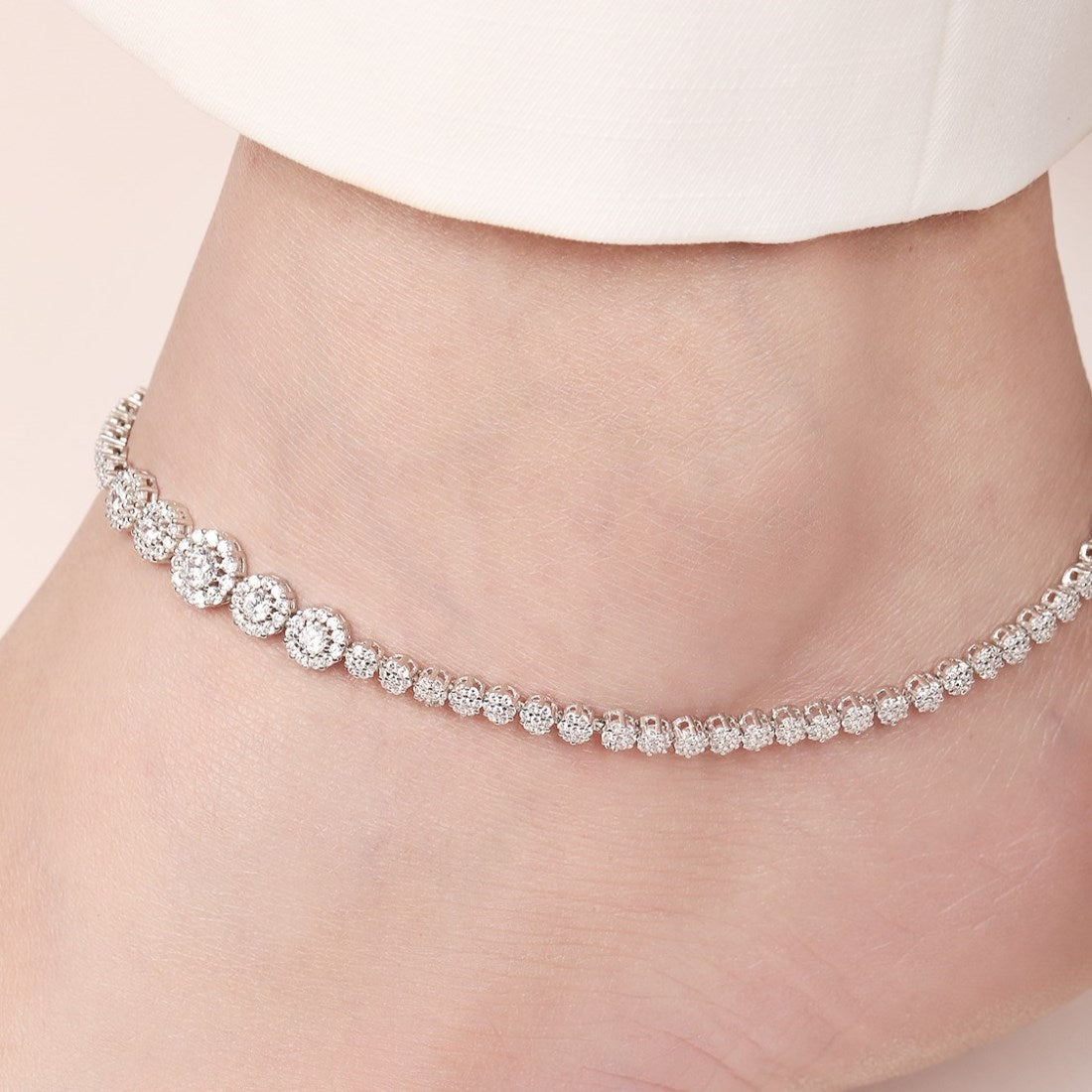 Glimmering Fusion Floral CZ Rhodium Plated 925 Sterling Silver Anklet