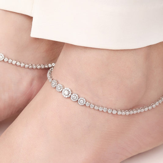 Glimmering Fusion Floral CZ Rhodium Plated 925 Sterling Silver Anklet