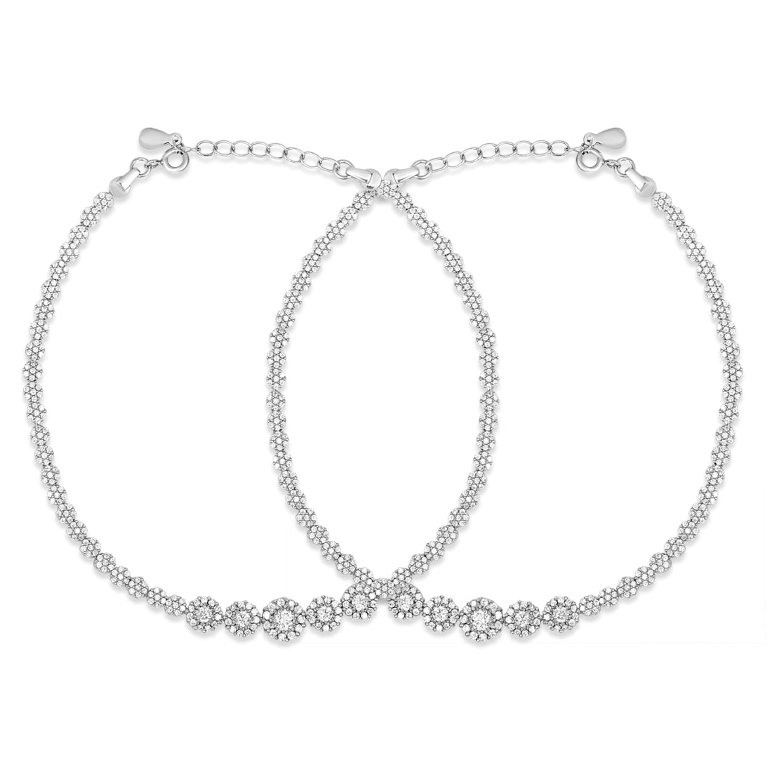 Glimmering Fusion Floral CZ Rhodium Plated 925 Sterling Silver Anklet