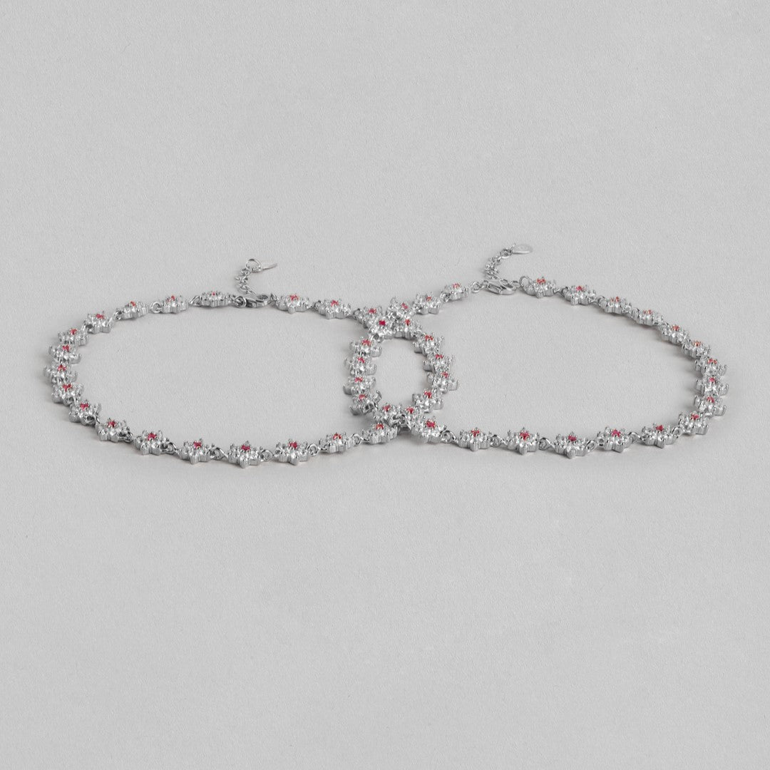 Floral Radiance Rhodium-Plated 925 Sterling Silver Anklet