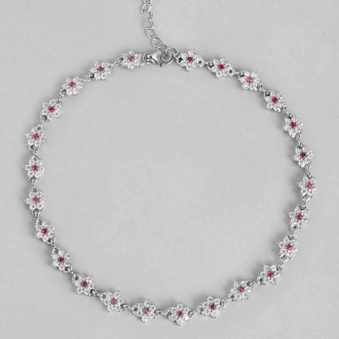 Floral Radiance Rhodium-Plated 925 Sterling Silver Anklet