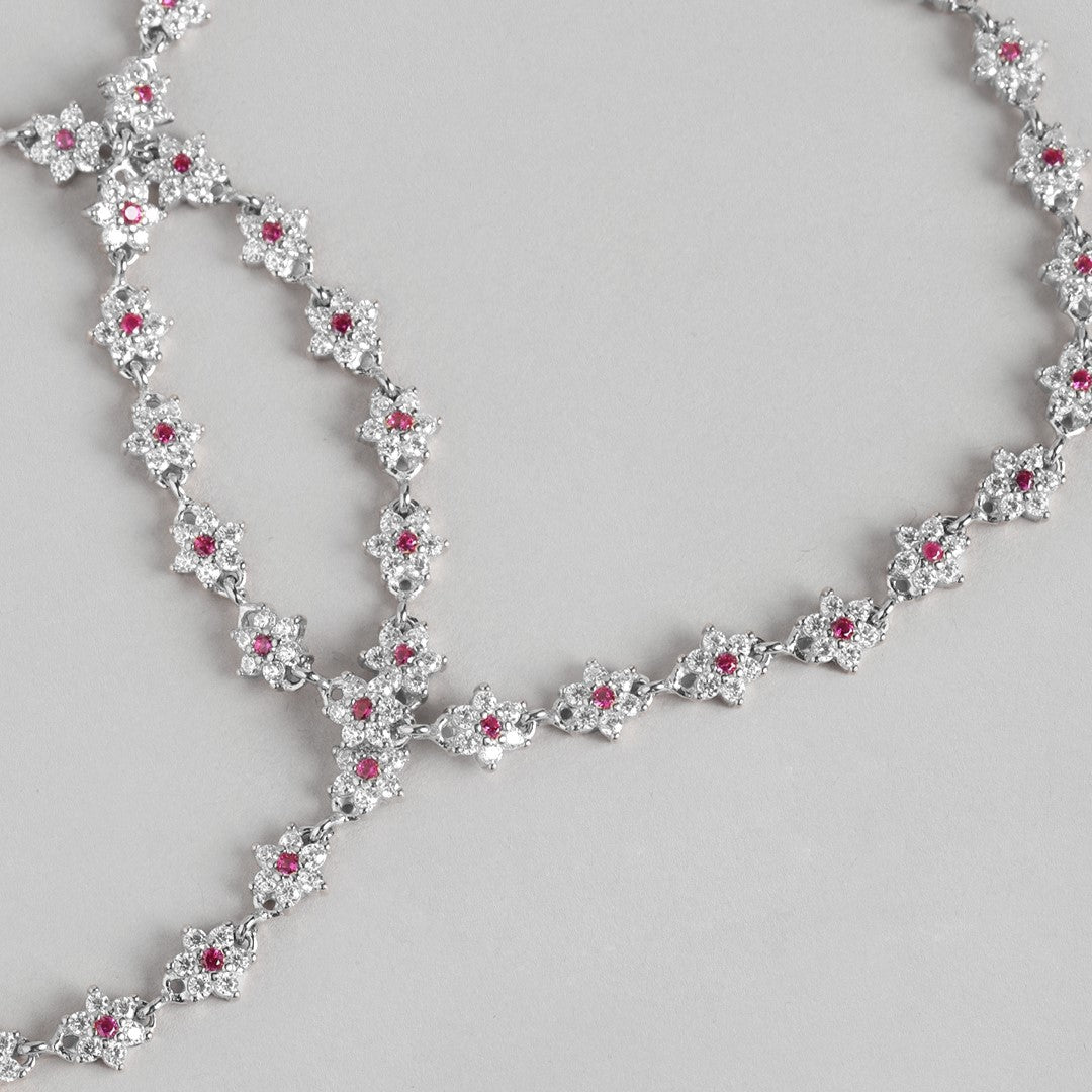 Floral Radiance Rhodium-Plated 925 Sterling Silver Anklet