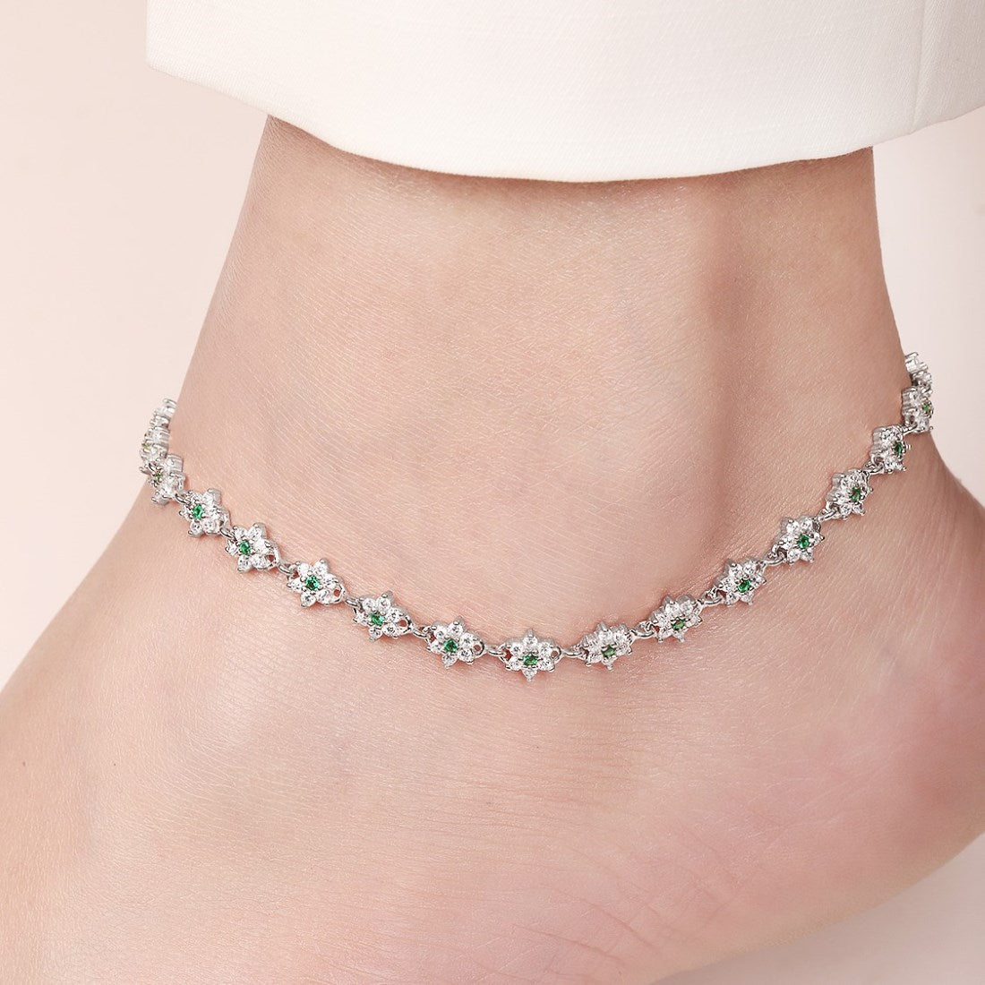 Floral Green CZ Rhodium Plated 925 Sterling Silver Anklet