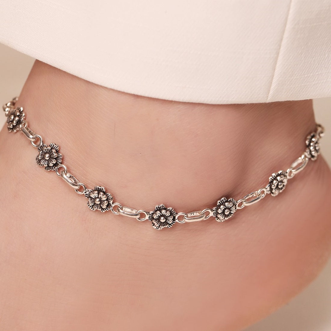 Blossom Bloom Harmony Rhodium-Plated 925 Sterling Silver Anklet