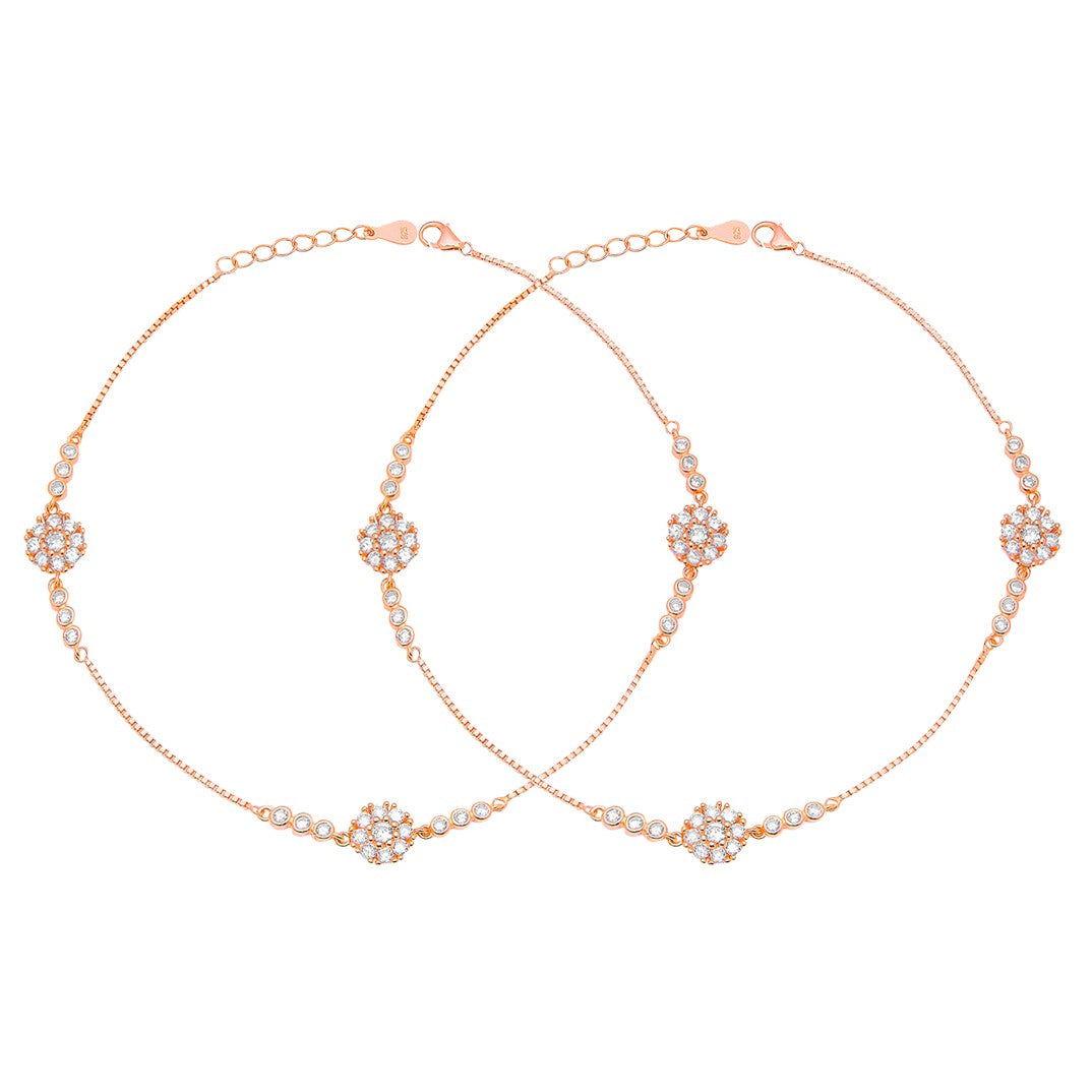 Floral Aura Rose Gold Plated CZ 925 Sterling Silver Anklet