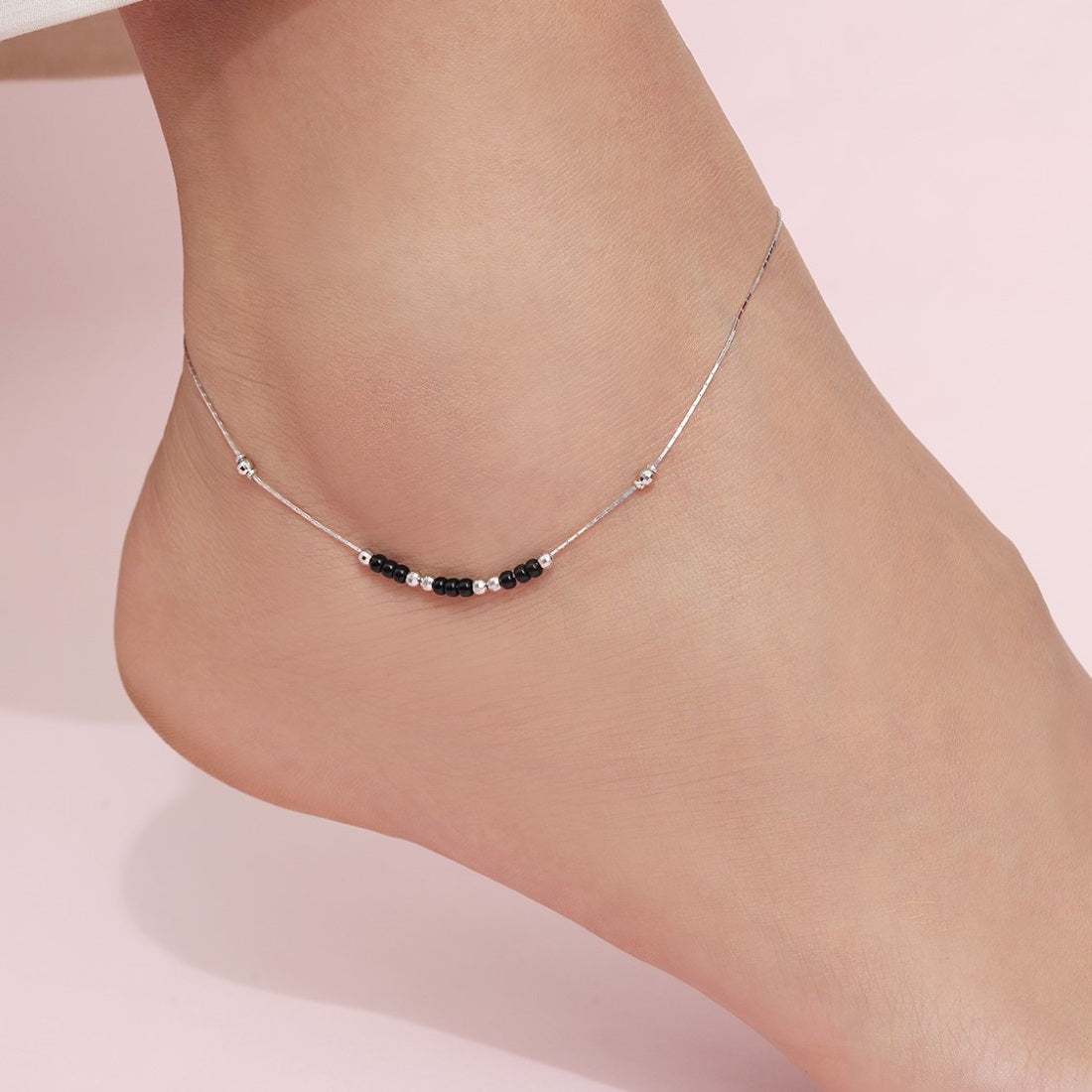 Triple Beaded Rhodium Plated 925 Sterling Silver Anklet