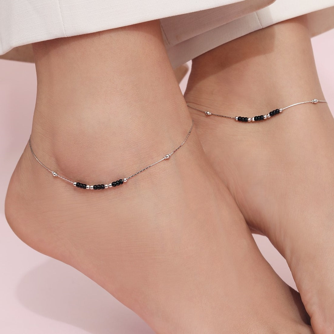 Triple Beaded Rhodium Plated 925 Sterling Silver Anklet