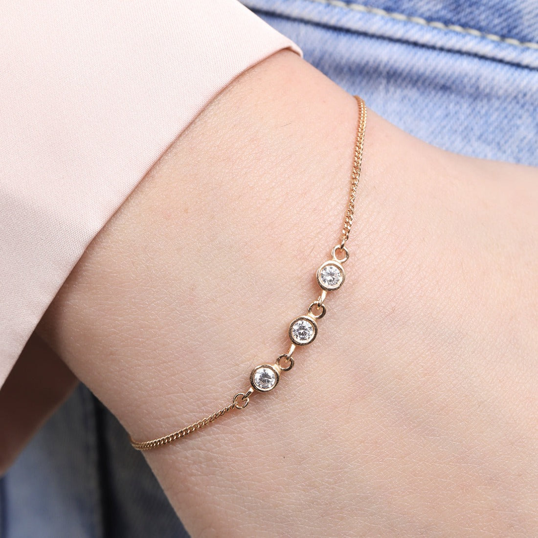 Triple CZ Link Rose Gold Plated 925 Sterling Silver Bracelet