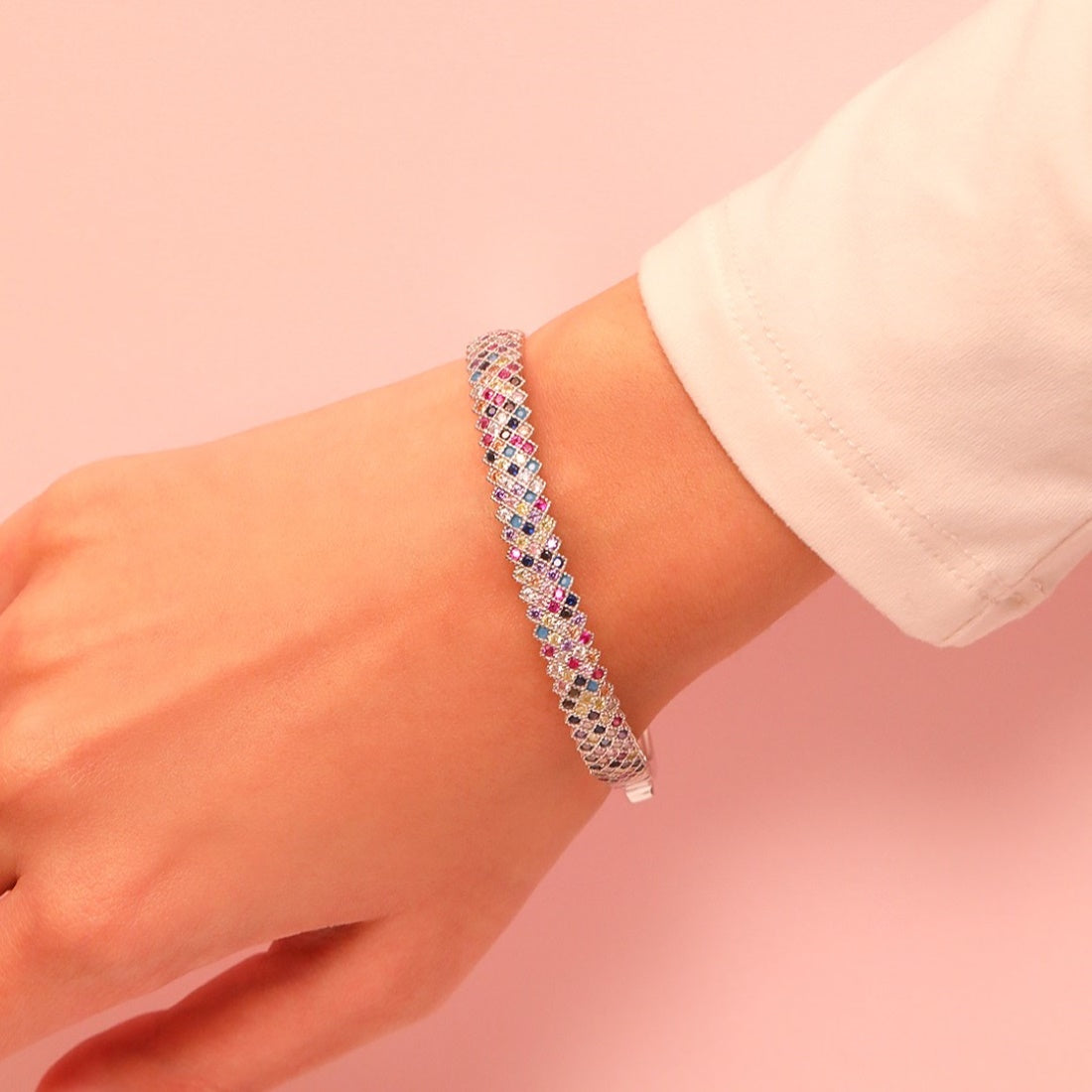 Radiant Elegance Coloured CZ Rhodium-Plated 925 Sterling Silver Kada Bracelet