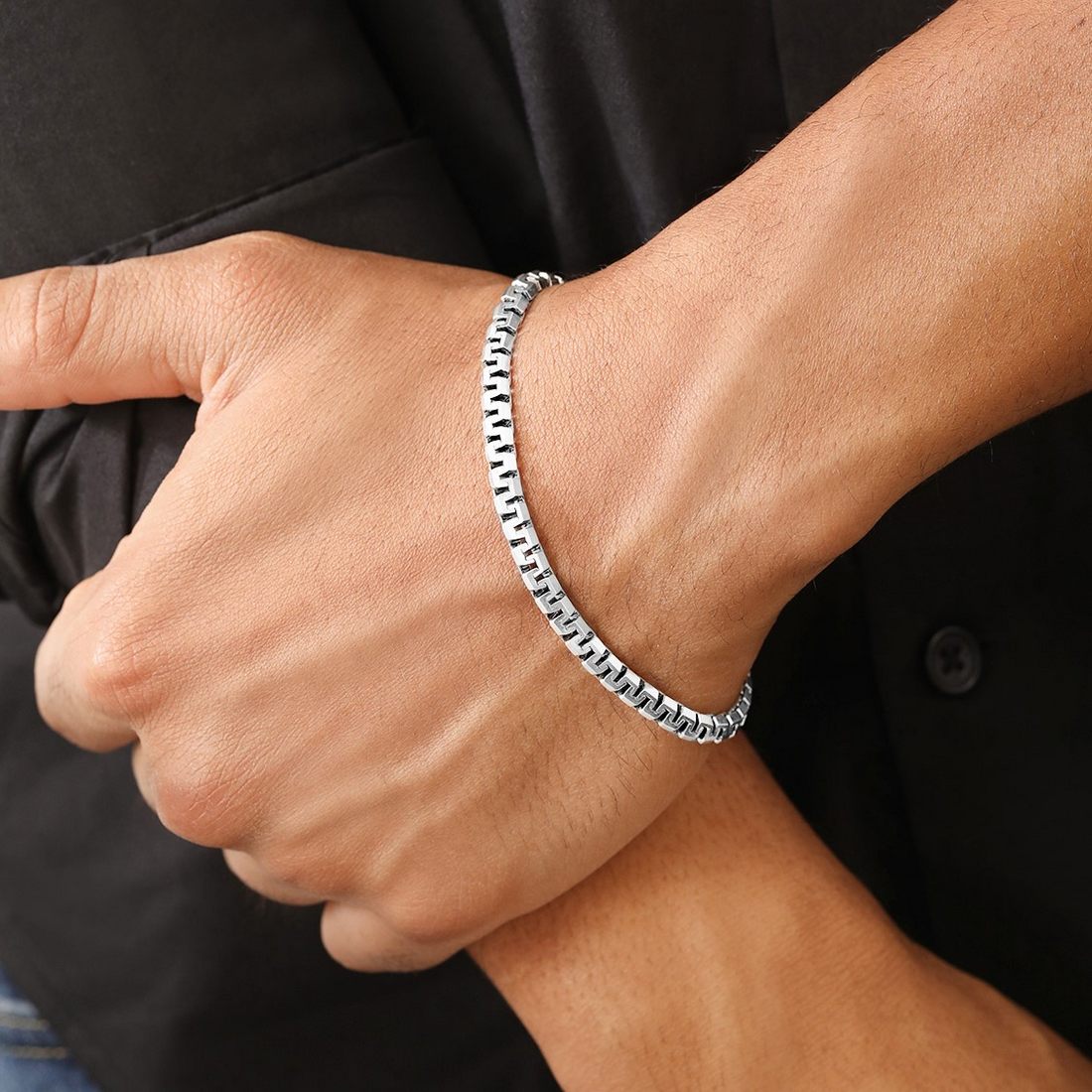 Iconic Rhodium-Plated 925 Sterling Silver Men's Chain Bracelet (One Size)