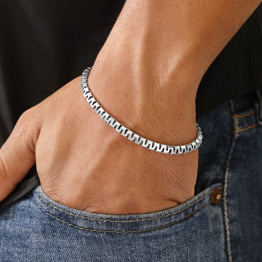 Iconic Rhodium-Plated 925 Sterling Silver Men's Chain Bracelet (One Size)