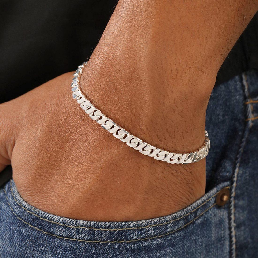 Bold Silver-Plated 925 Sterling Silver Men's Curb Chain Bracelet (One Size)