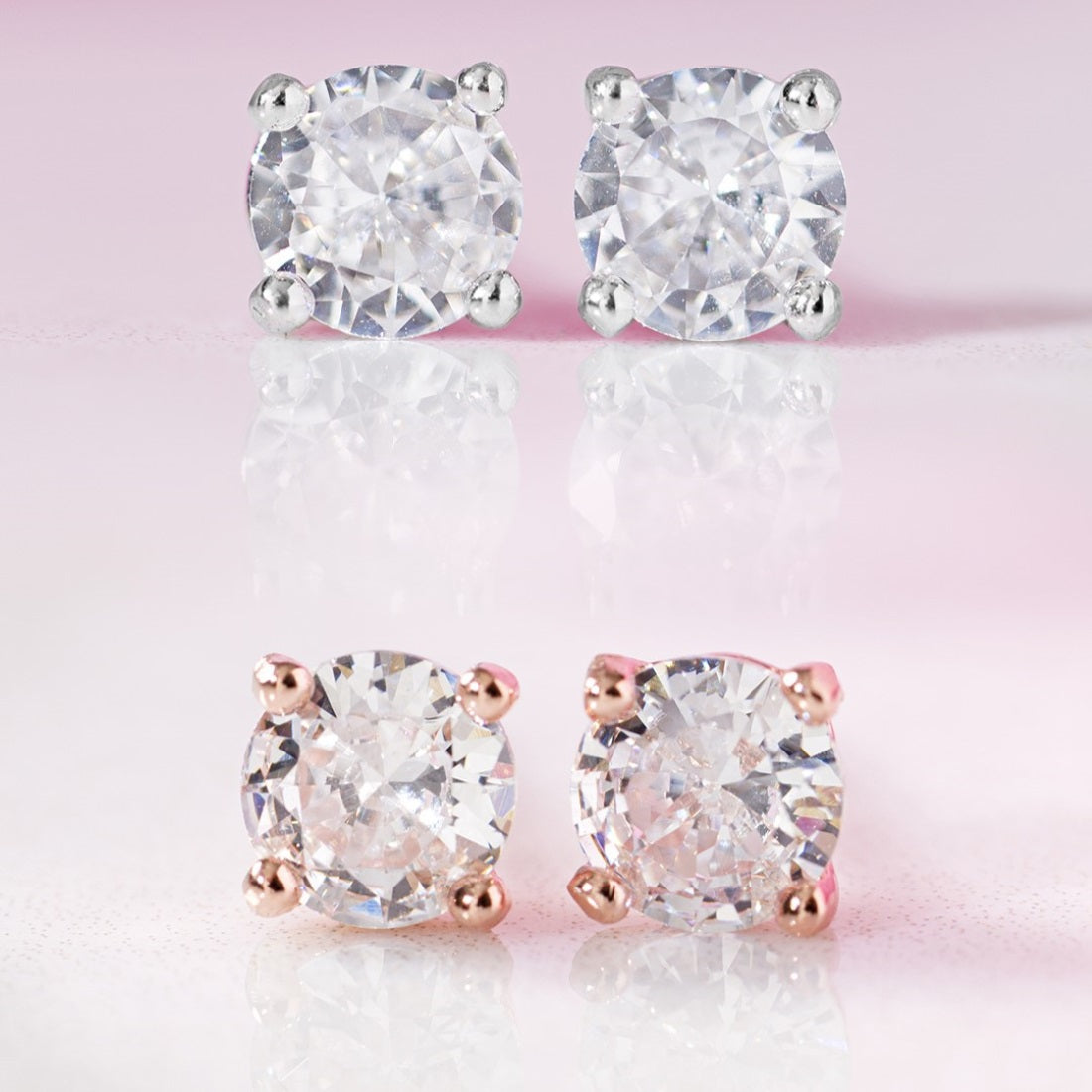 Classic Solitaire Rhodium-Plated & Rose Gold-Plated Earrings Set