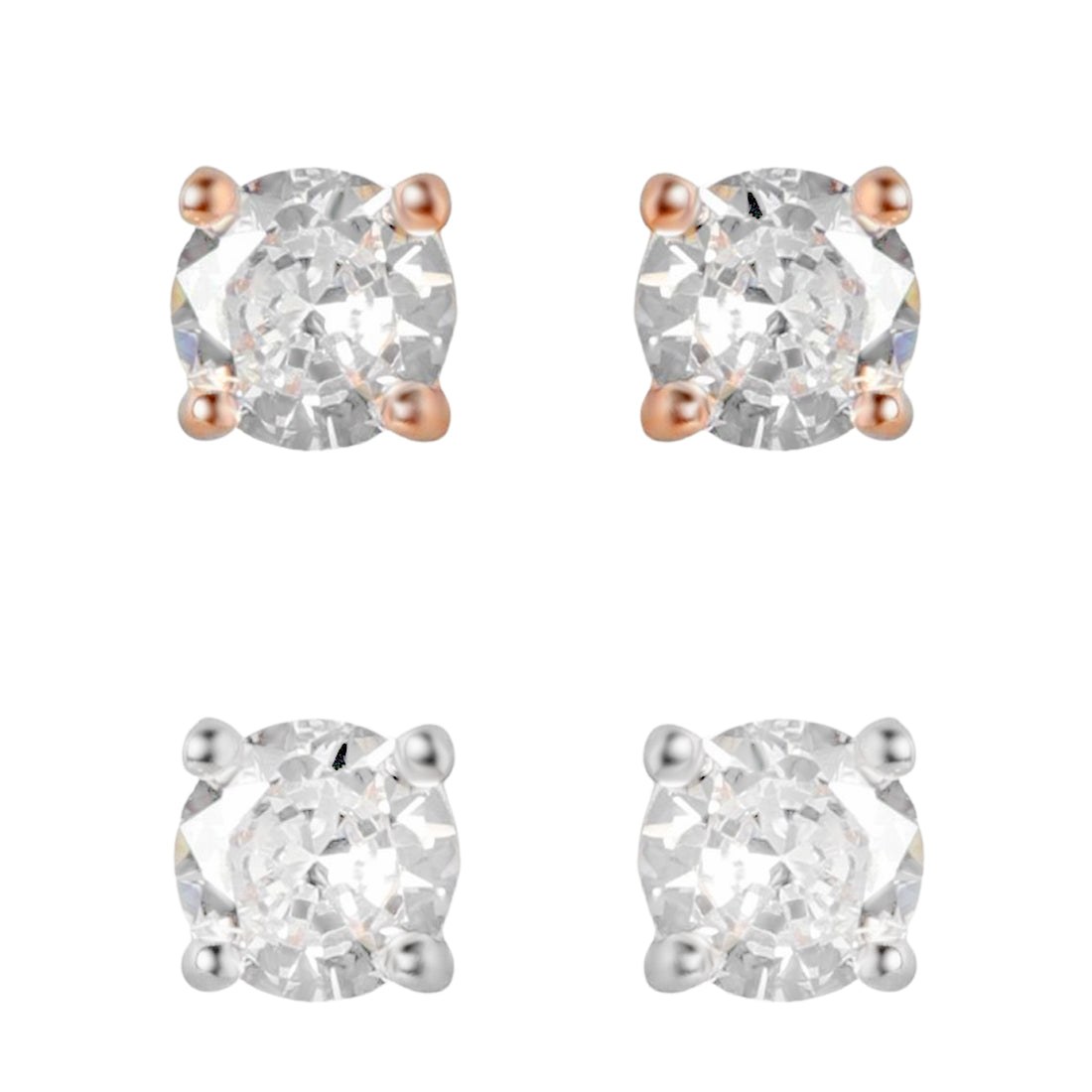 Classic Solitaire Rhodium-Plated & Rose Gold-Plated Earrings Set