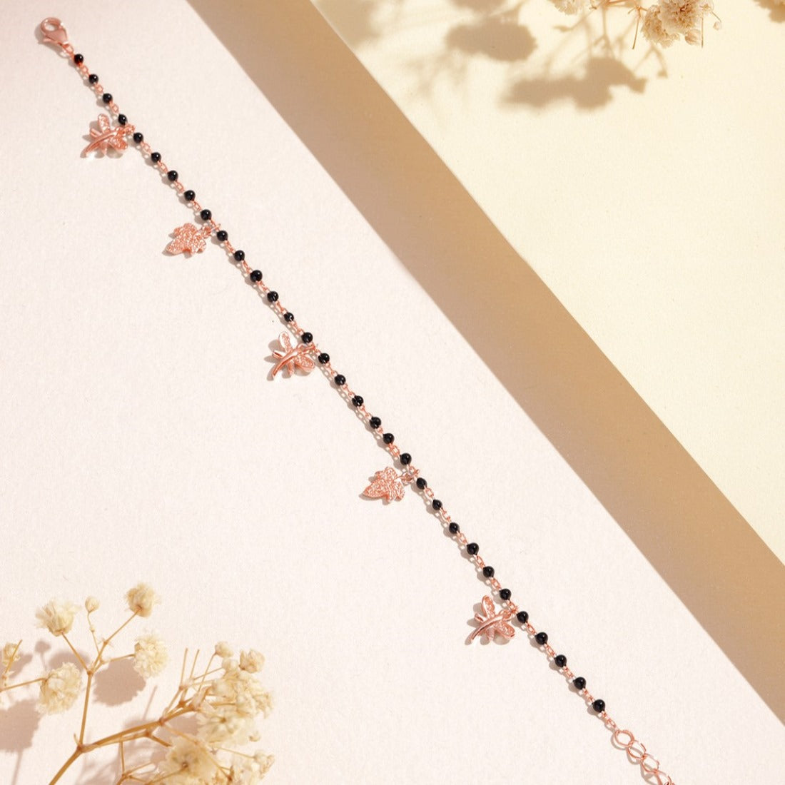 Nature's Whimsy Rose Gold-Plated CZ Leaf & Butterfly 925 Sterling Silver Bracelet